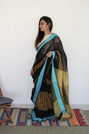 BLACK & BLUE BORDER LINEN SAREE