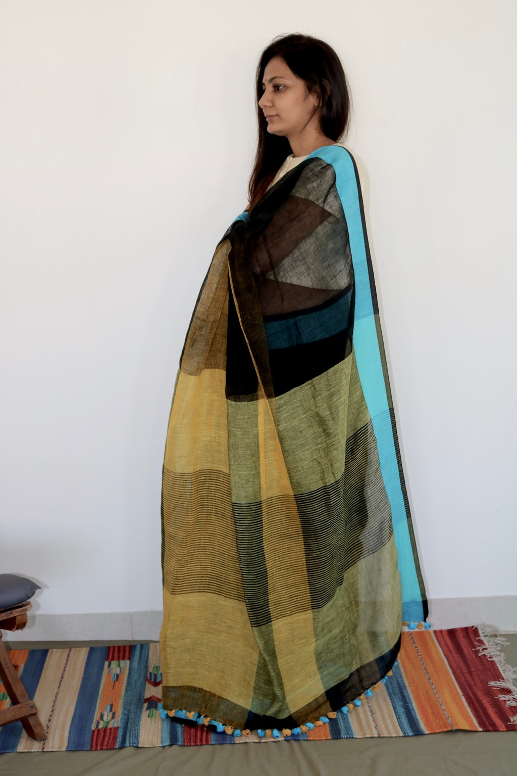 BLACK & BLUE BORDER LINEN SAREE