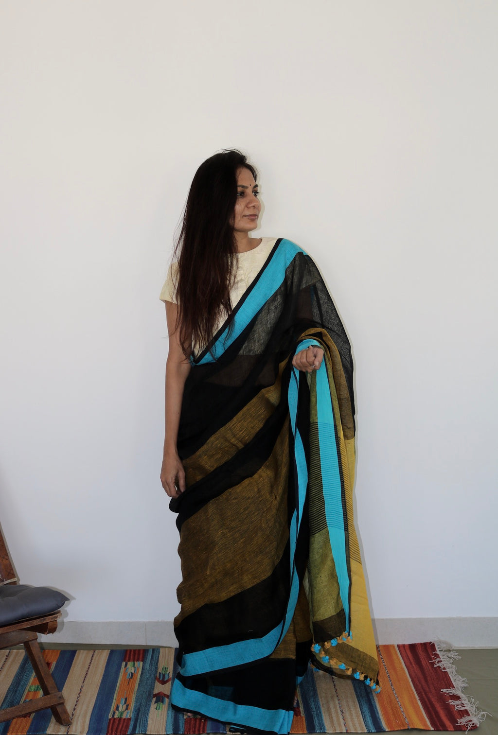 BLACK & BLUE BORDER LINEN SAREE