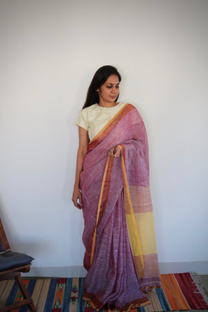 BLUSH WITH YELLOW LINEN SAREE