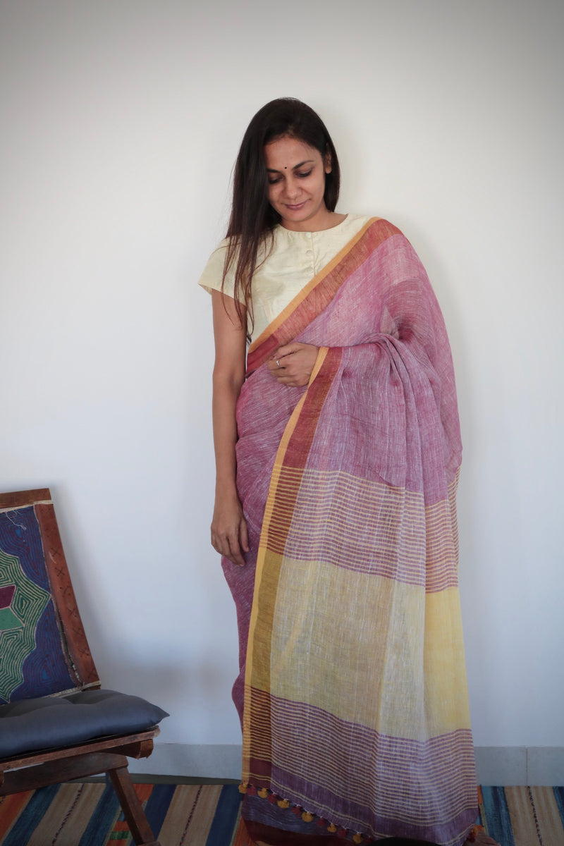 BLUSH WITH YELLOW LINEN SAREE