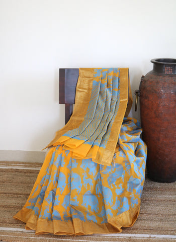 WHITE & BLUE LINEN SAREE