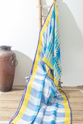 WHITE & BLUE LINEN SAREE