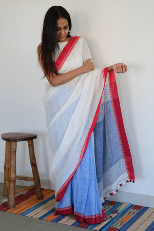 WHITE & BLUE LINEN SAREE