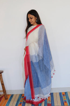 WHITE & BLUE LINEN SAREE