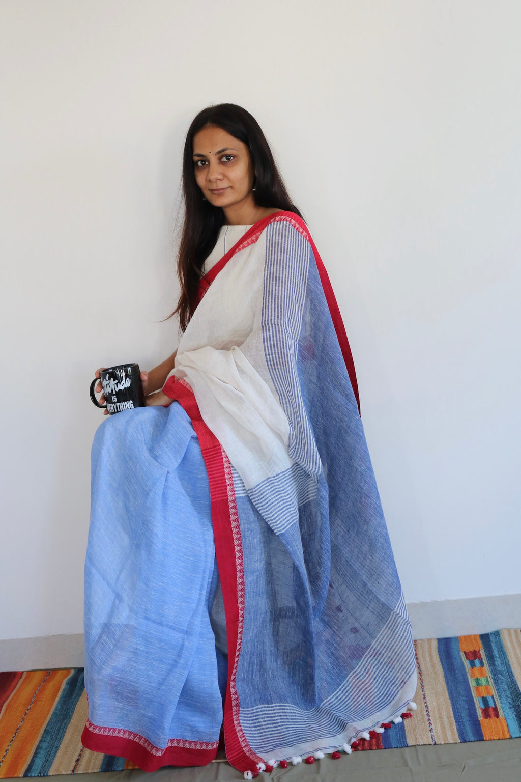 WHITE & BLUE LINEN SAREE